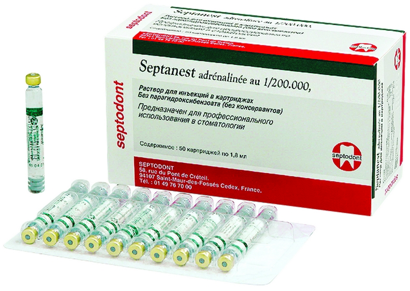 Септанест с адреналином 40 мг+5 мкг\мл (50карп.) -р-р для инъкций (с эпинефрином)